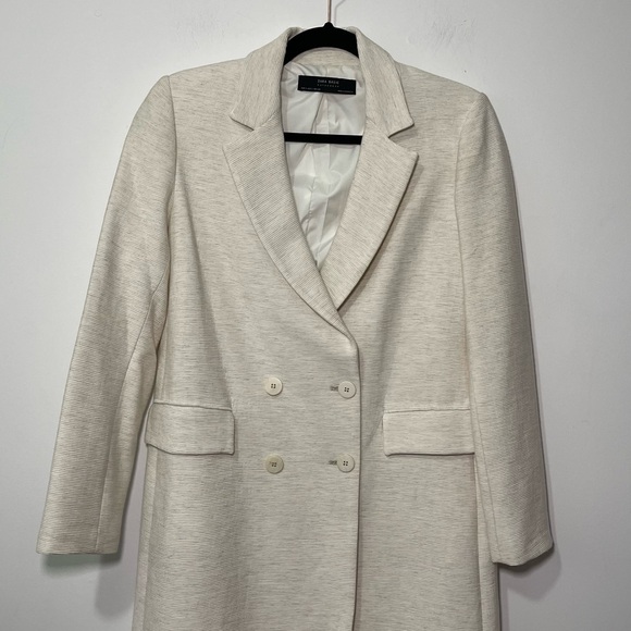 Zara women's cream double breasted above knee ribbed crinkle blazer in size S - Picture 2 of 8